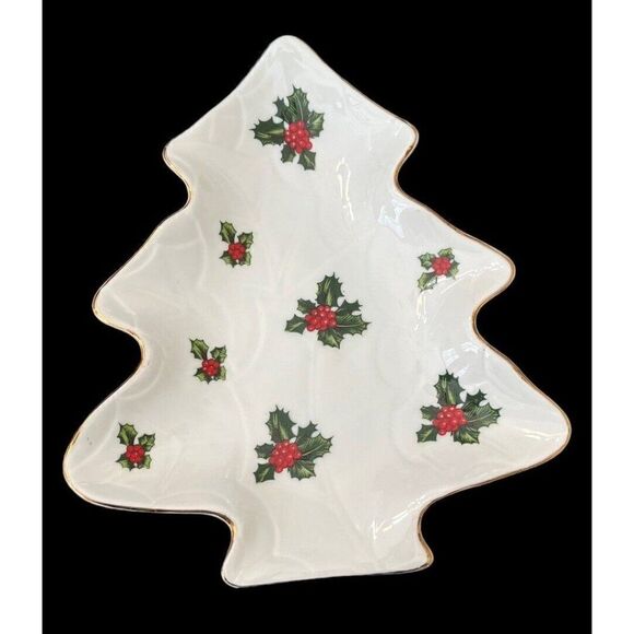 Lefton China Candy Dish Christmas Tree Gold Trimmed Vtg Holly Berries Serving - Picture 1 of 4